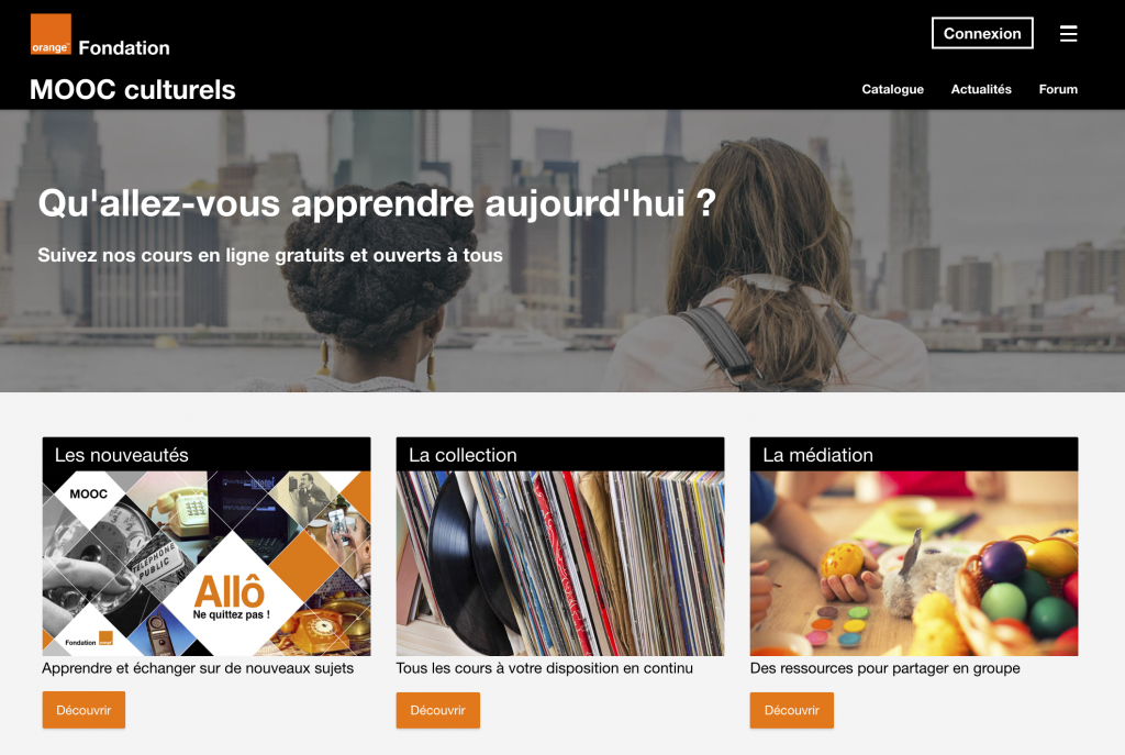 Capture d'écran de la page d'accueil de la plateforme de MOOC Culturels