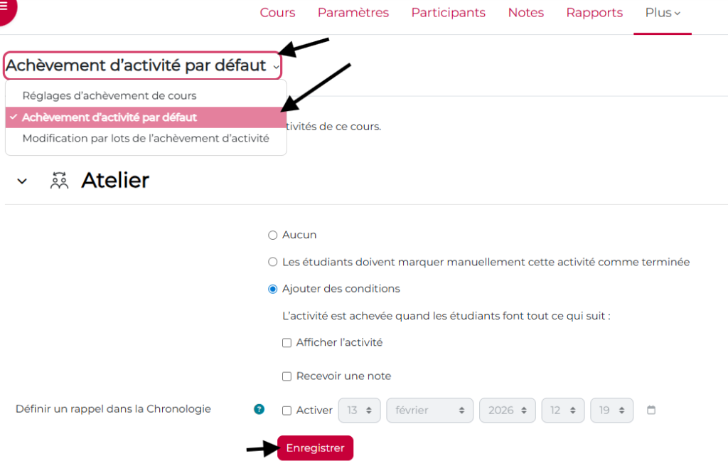 Menu achèvement d'activité par défaut