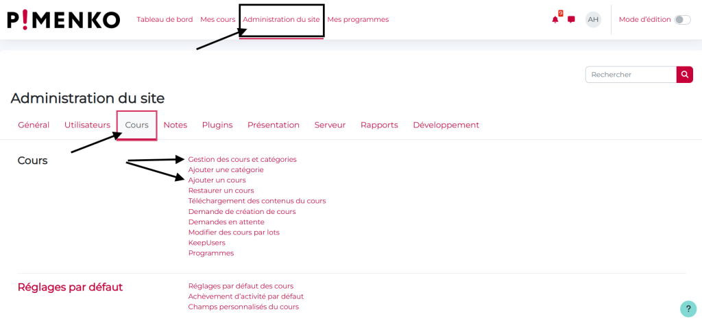 Vue de la page de gestion des cours sur moodle