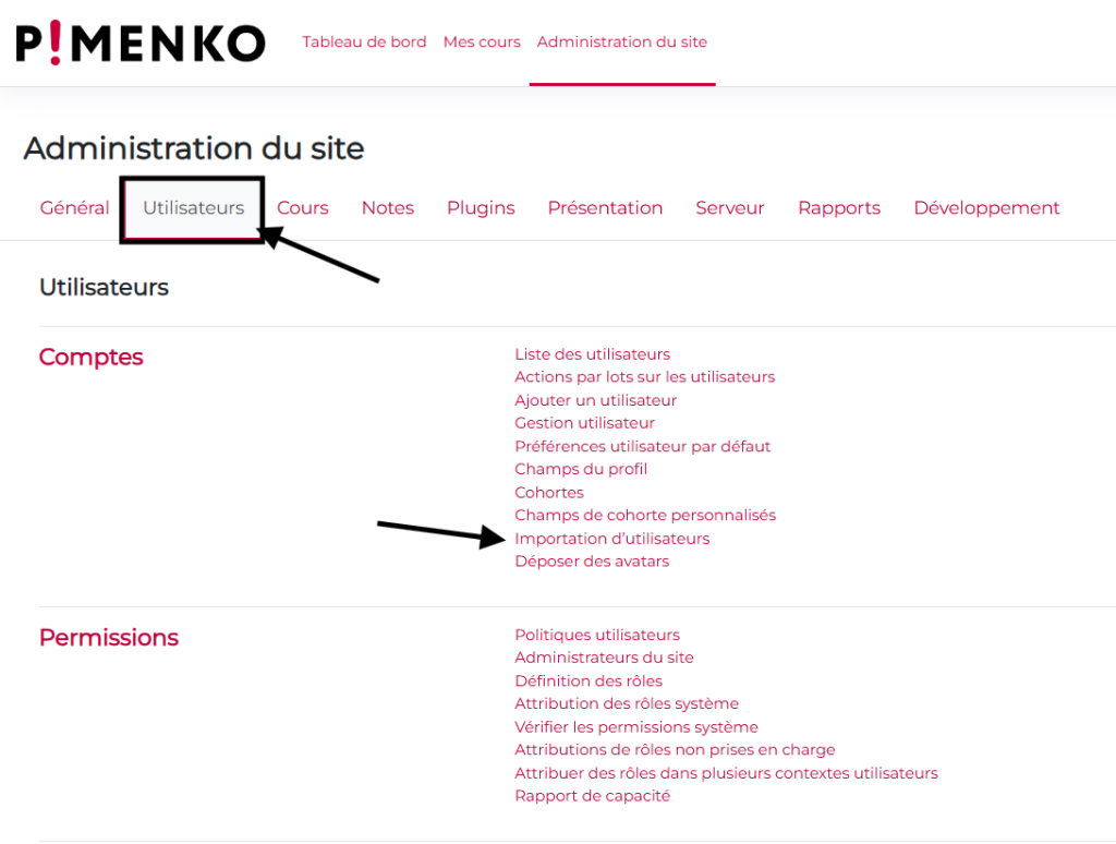 Page administration du site, vers import d'utilisateurs