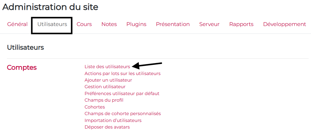 administration du site, liste des utilisateurs