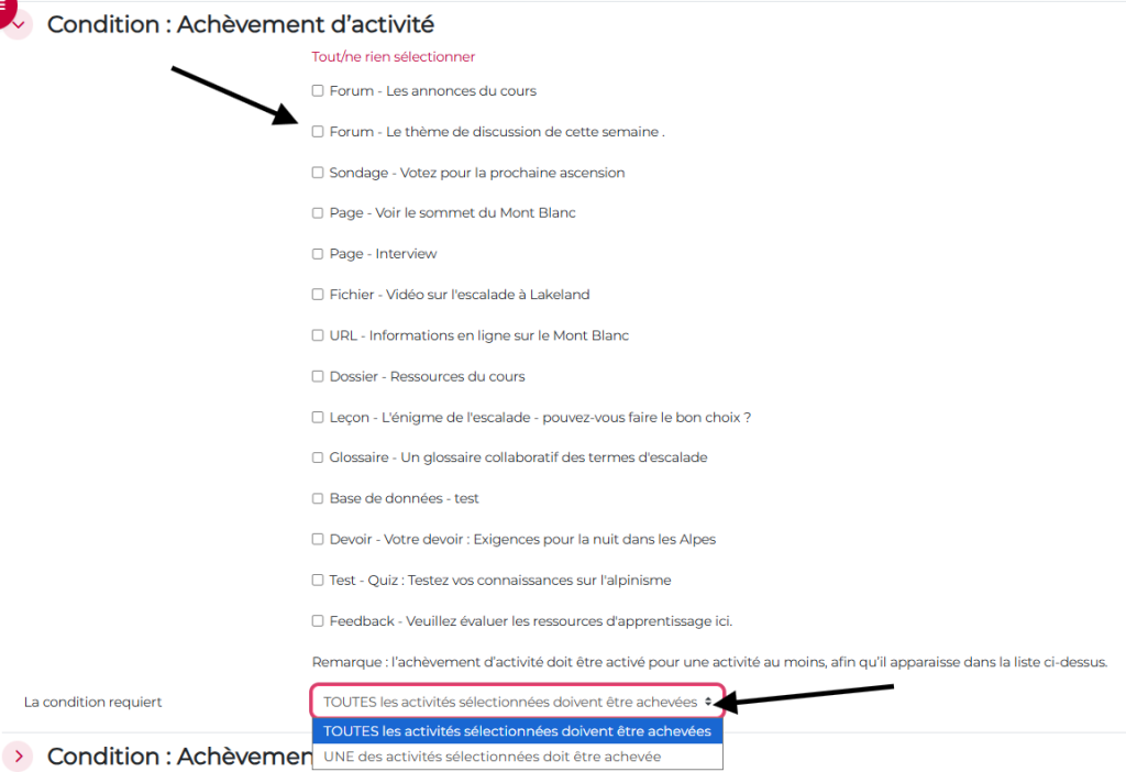 Réglages d'achèvement de cours, onglet "condition : Achèvement d'activité"