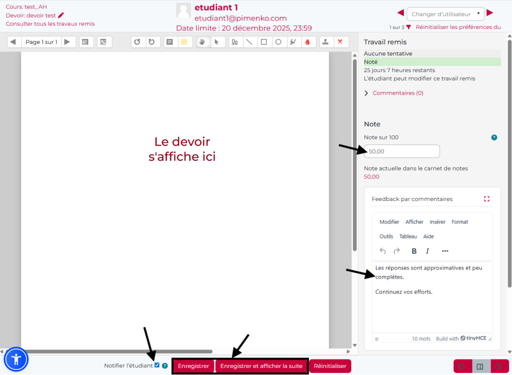 page de notation d'un devoir