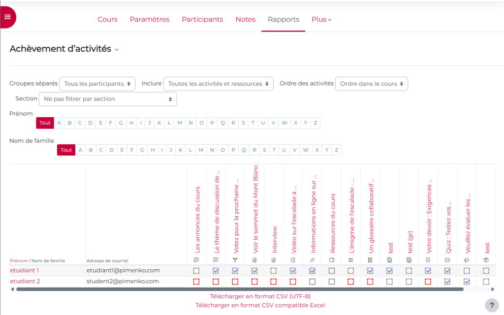 Vue de la page d'achèvement d'activité, liste des participants