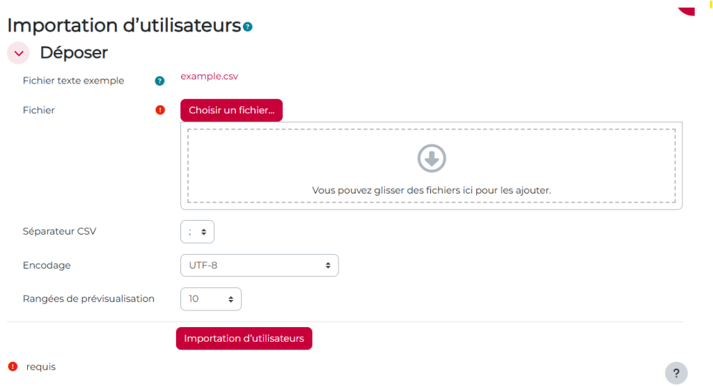 Import d'utilisateurs, dépôt du fichier csv