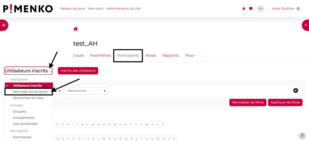 onglet participant du cours