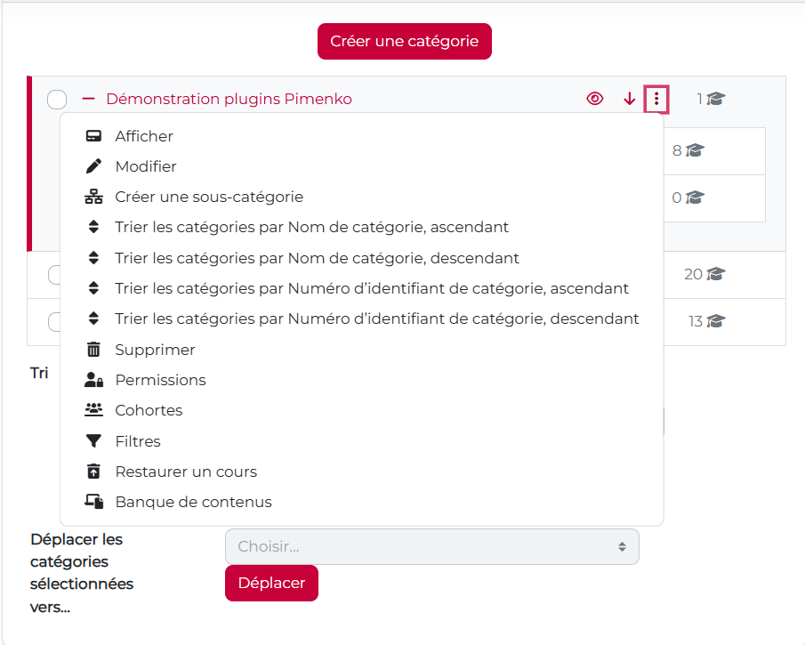 Vue des différentes options d'une catégorie dans la page de gestion des cours et catégories
