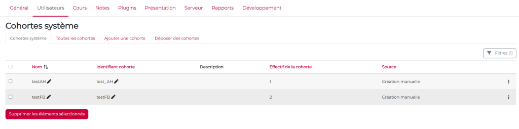 Vue de la page des cohortes