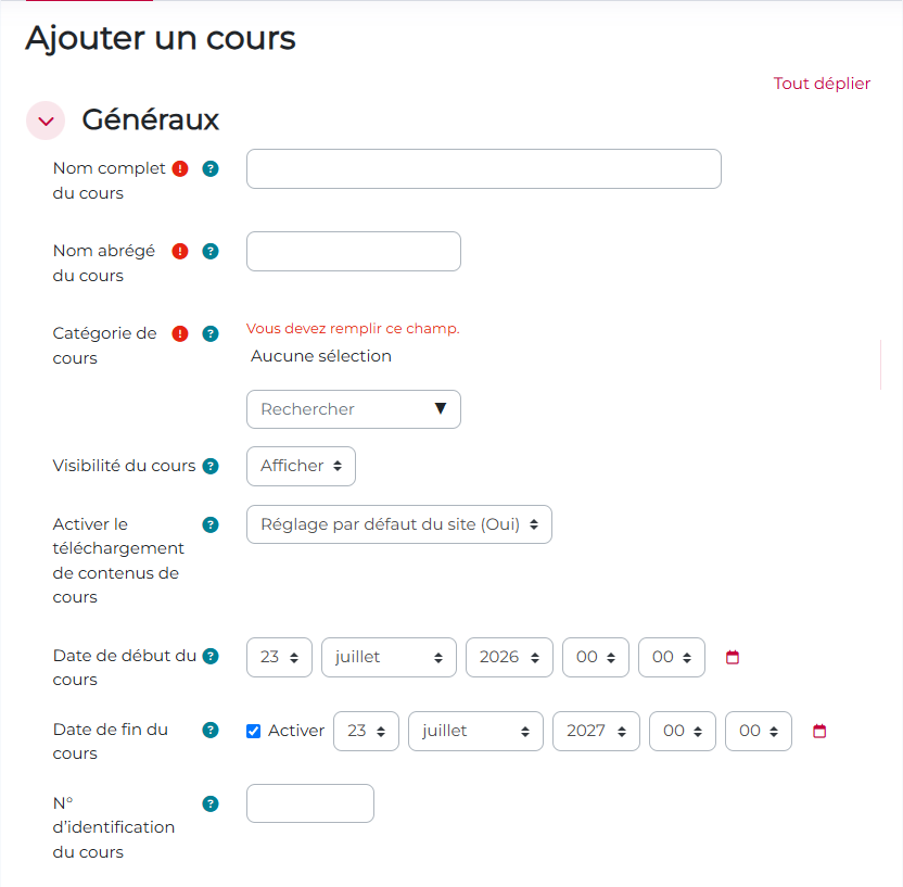 Page de paramètres d'un cours (noms, catégorie, dates, ...)