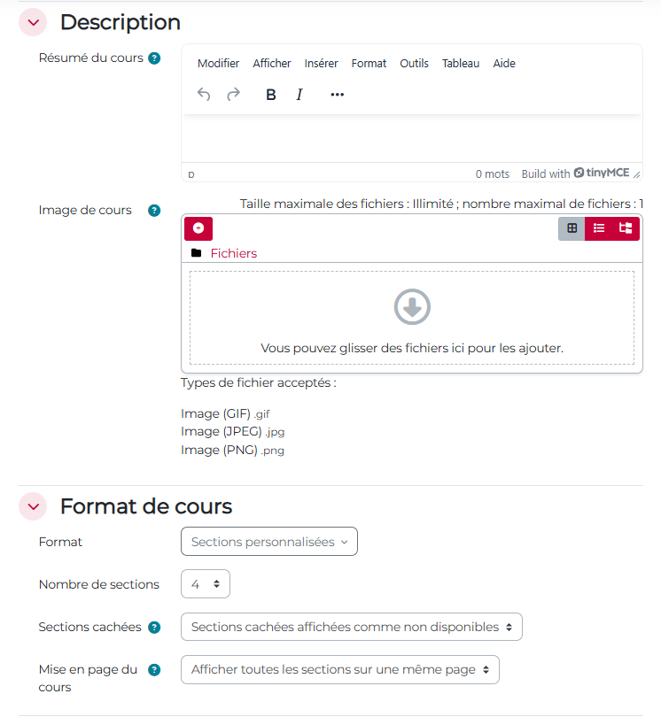 Page de paramètres d'un cours (résumé, image, format)