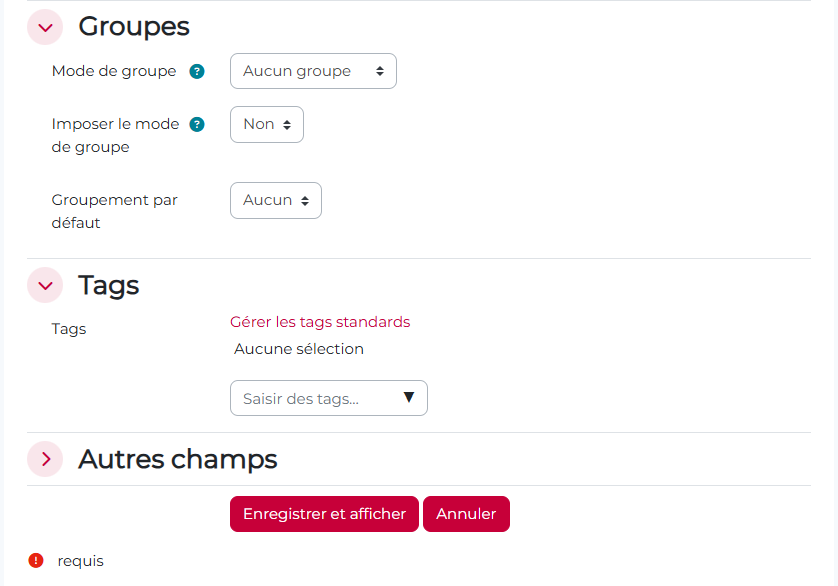 Page de paramètres d'un cours (groupe, tags)