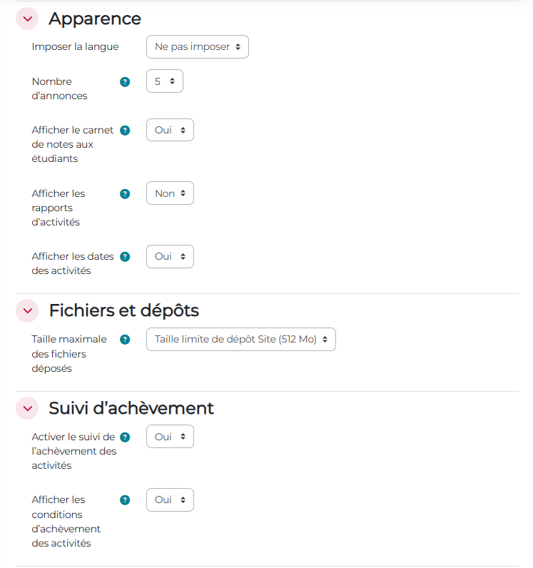 Page de paramètres d'un cours (apparence, taille dépôt, achèvement)