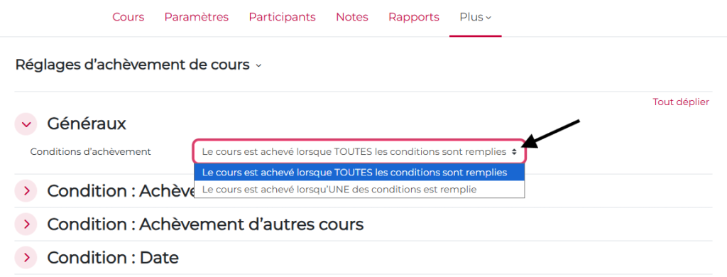 Réglages d'achèvement de cours, onglet "généraux"