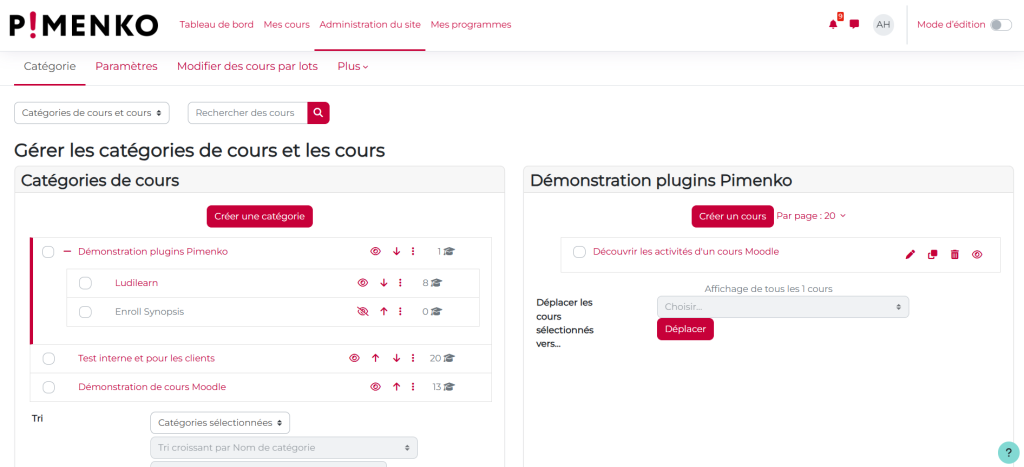 Vue de la page de gestion des cours et catégories d'une plateforme Moodle