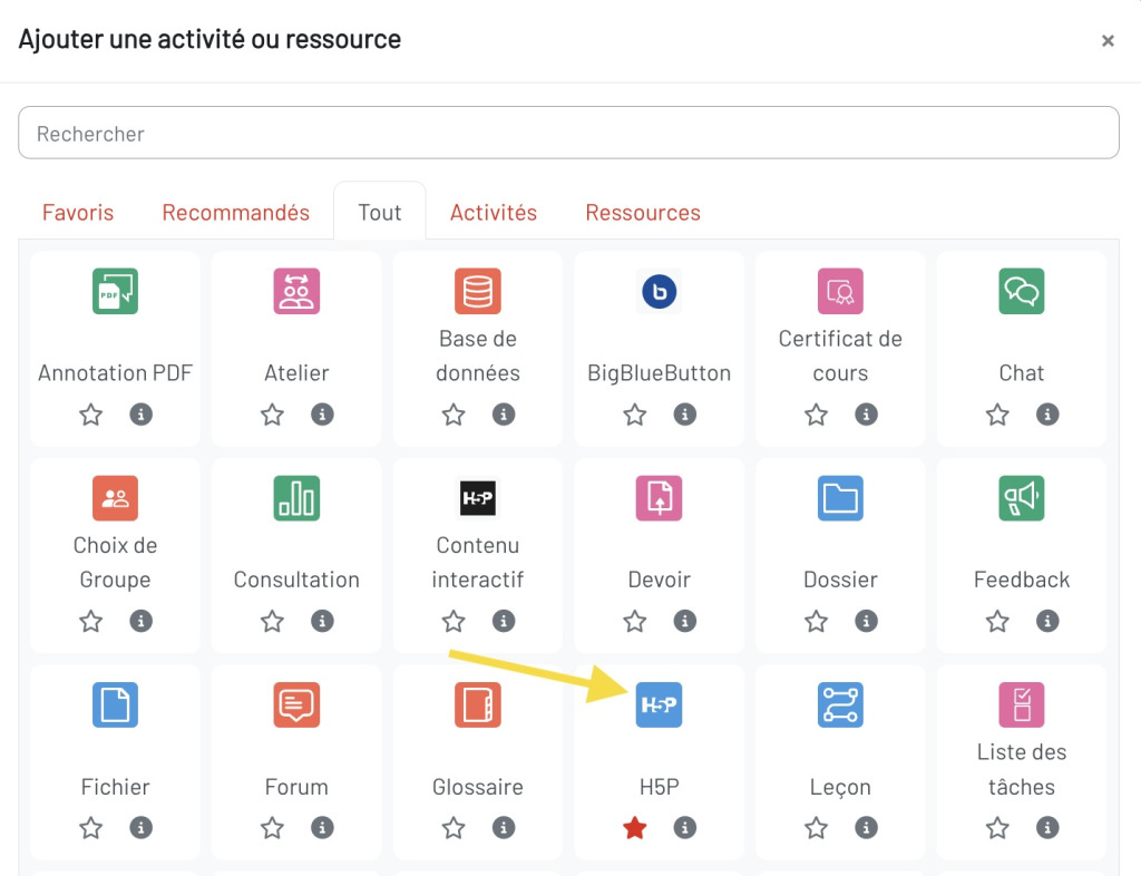 Sélectionner l'activité H5P dans le sélecteur de ressources et d'activité