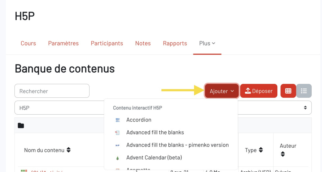 Ajouter une activité H5PO dans la banque de contenu