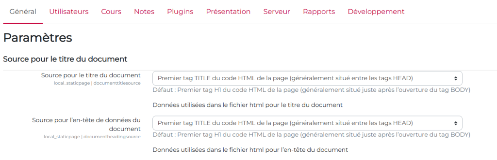 paramètres documents statiques