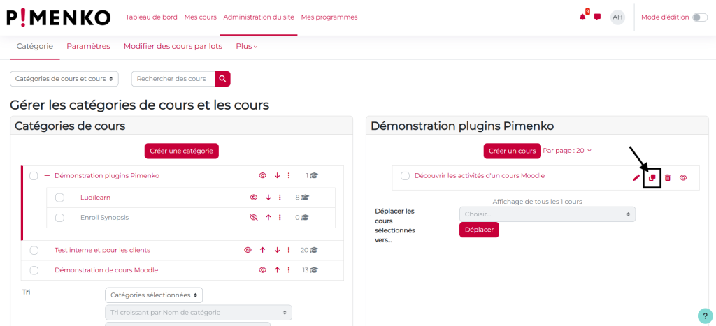 Vue de la page de gestion des cours sur moodle