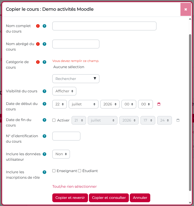 Vue des informations à remplir pour dupliquer un cours