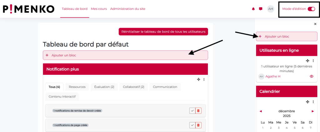 ajouter bloc dans tableau de bord par défaut
