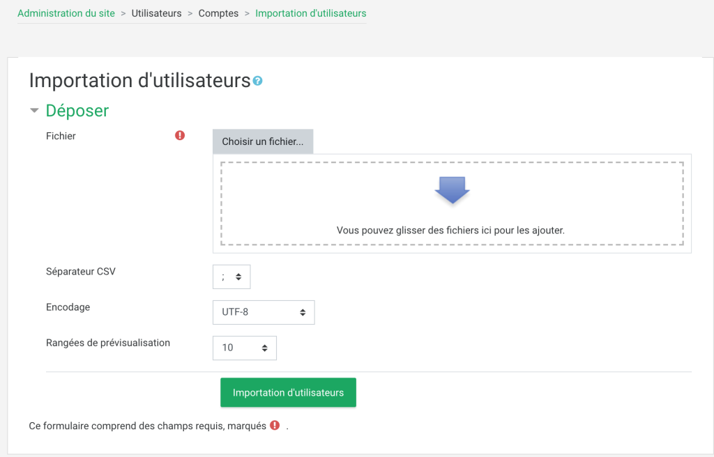 Page d'administration du site pour importer un fichier Excel