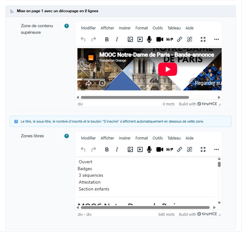 Page de paramétrage du modèle 1