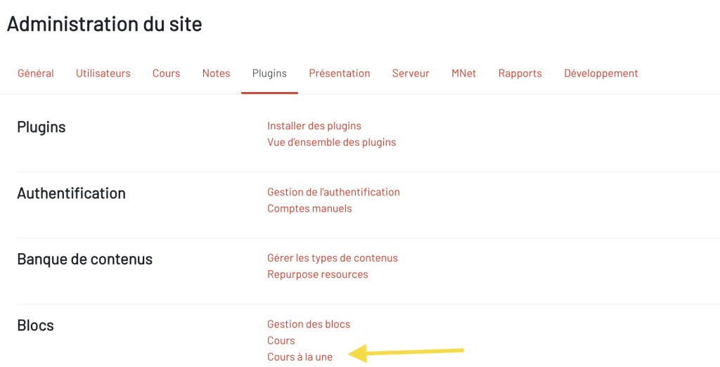 Accès aux options de cours à la une dans l'administration du site