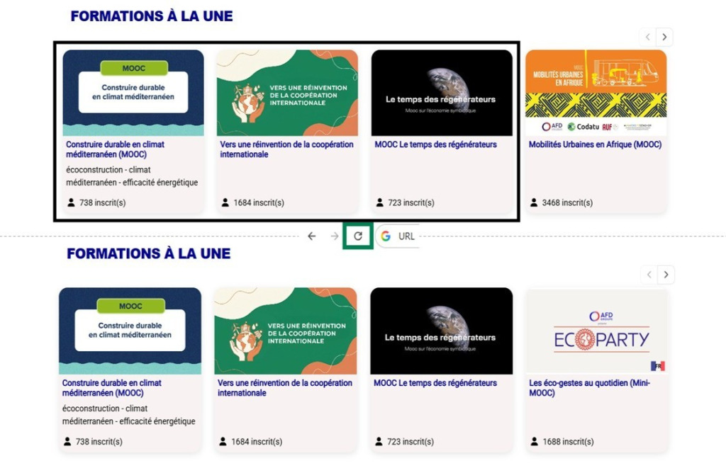 Vue du bloc "Cours à la une" premium, affichage des cours fixes et aléatoires