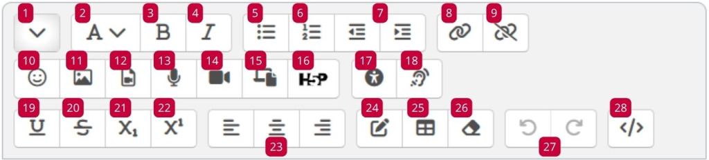 Vue de tous les boutons disponibles dans l'éditeur de texte Atto