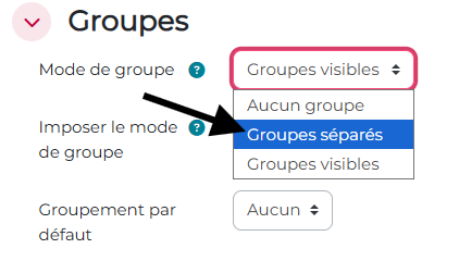 Choix du mode groupes séparés dans le cours
