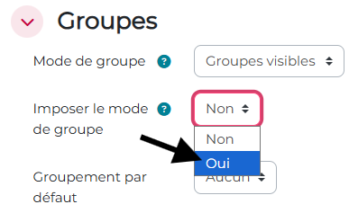Choix de l'option "imposer le mode de groupe" dans le cours