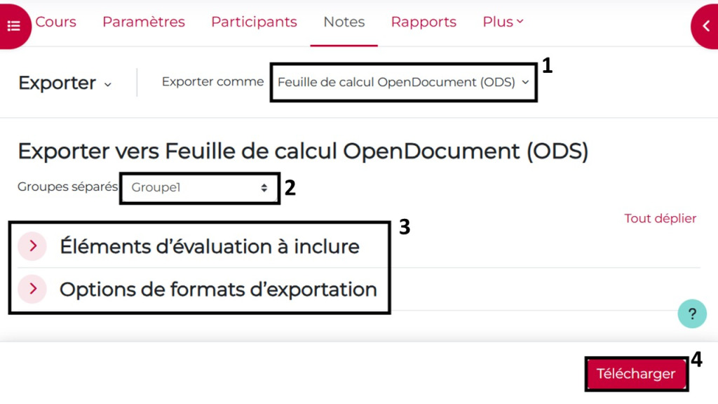 Étapes export du carnet de notes dans un cours, par groupe