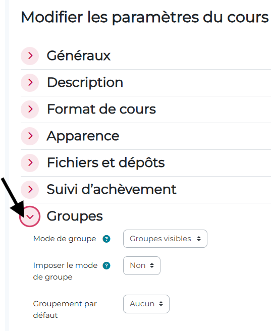 Onglet groupes dans les paramètres du cours