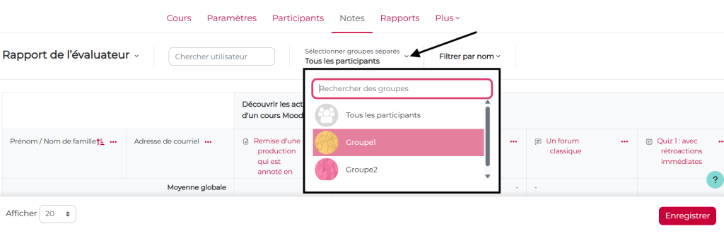 Onglet notes, choix du groupe à afficher