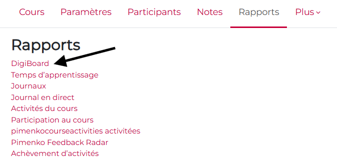 Bouton "Digiboard" dans l'onglet "Rapports" d'un cours moodle