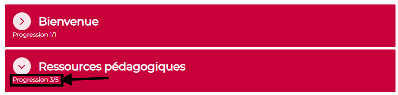 Vue des sections d'un cours Moodle avec le format DigidagoTabs, affichage de la progression