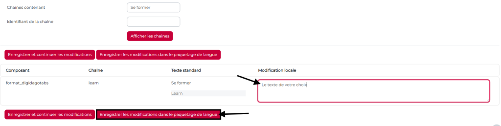 Personnalisation de la langue, choix du texte de remplacement pour l'onglet "se former"