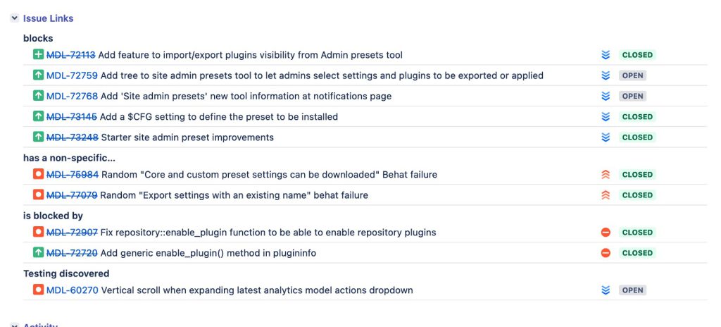 Image of the Moodle tracker page for monitoring developments in the heart of Moodle