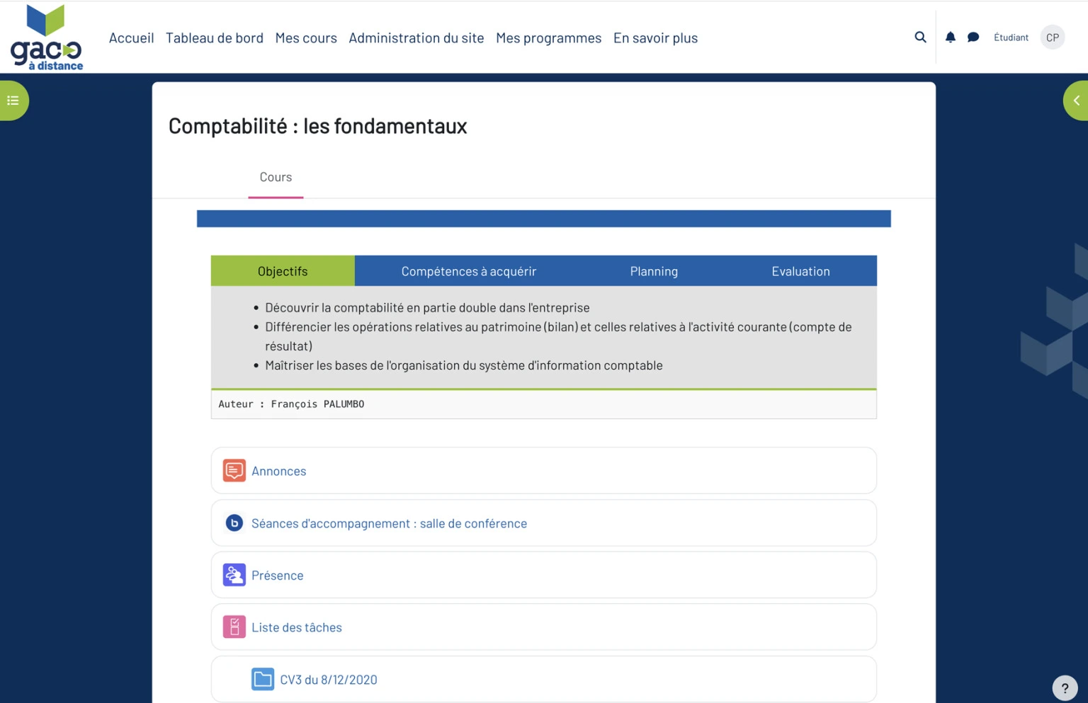 Page d'accueil du cours du LMS IUT en ligne