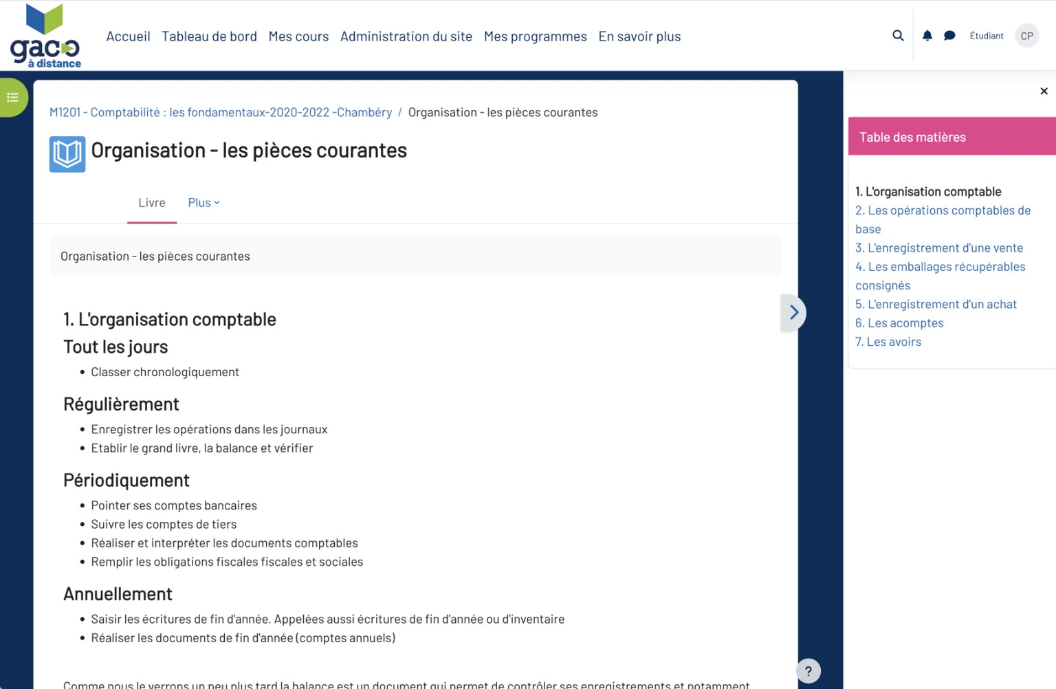 Page de cours du LMS IUT en ligne