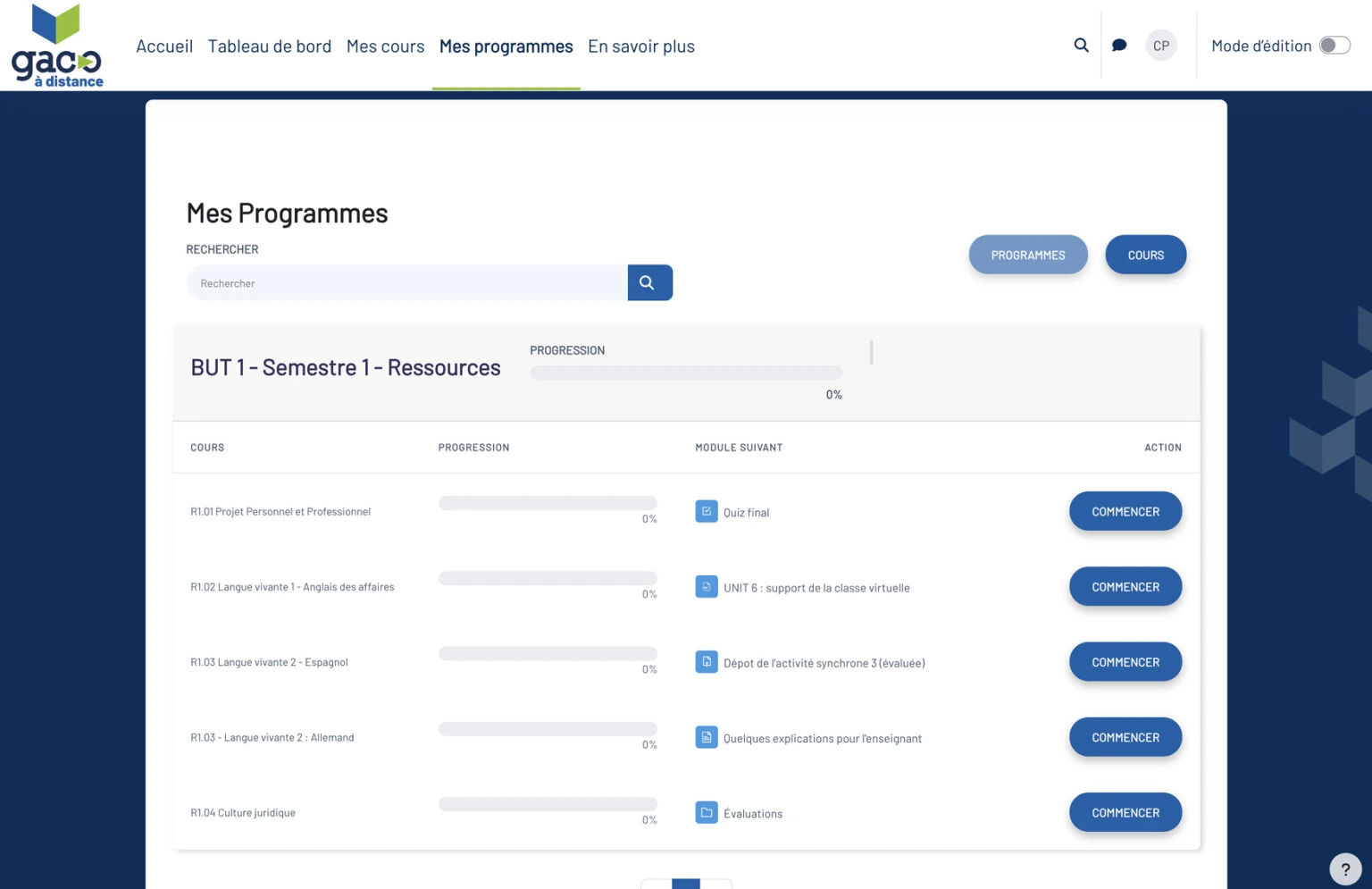 Page avec les programmes du LMS IUT en ligne