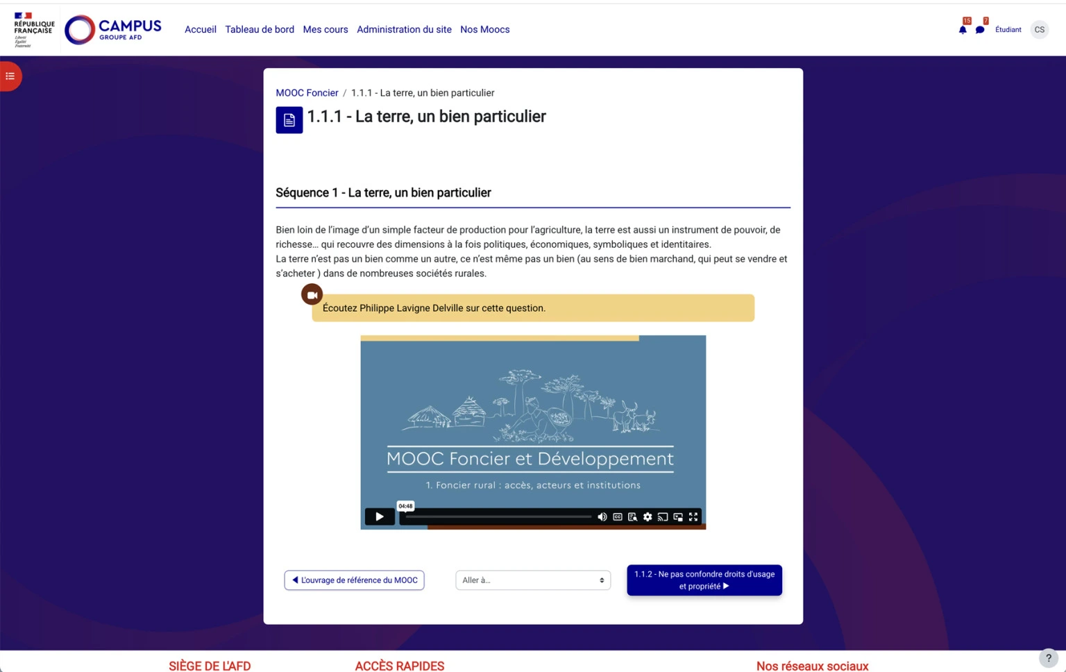 Page de cours LMS MOOC Campus