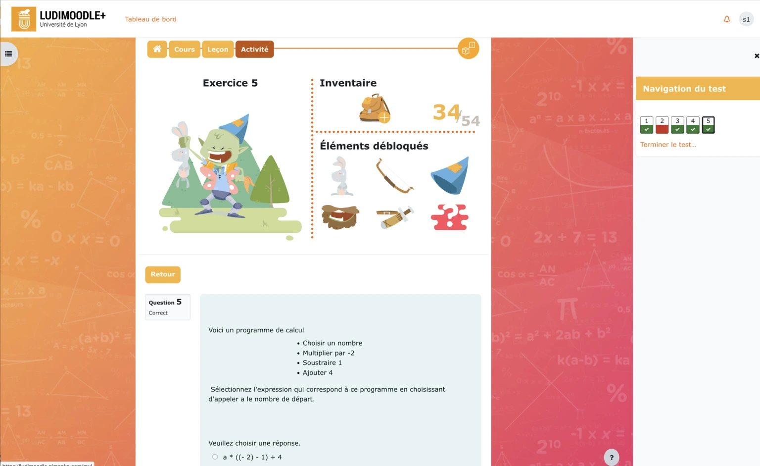 Ludimoodle : page d'activité de l'élément de jeu 