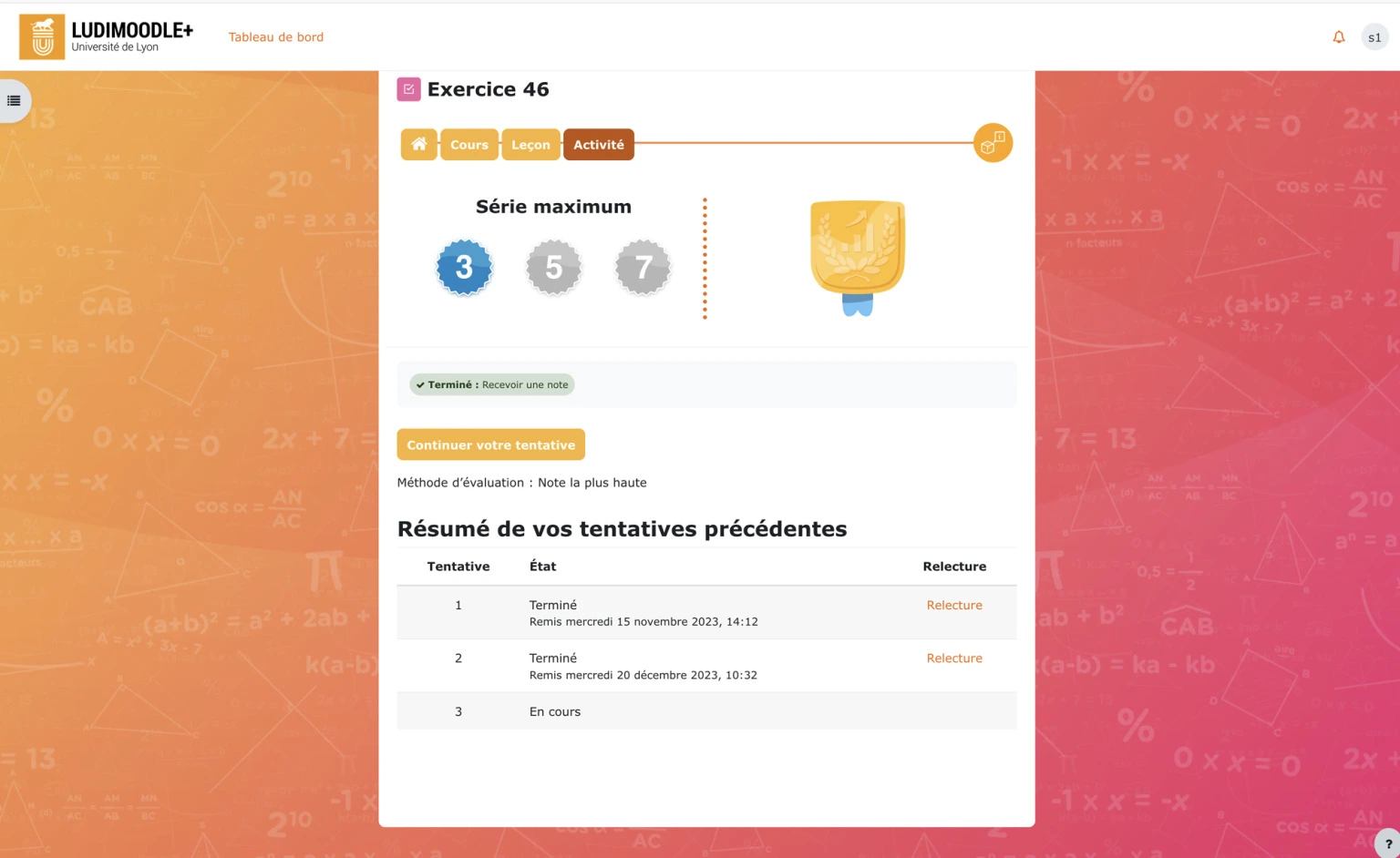 Ludimoodle : page d'activité de l'élément de jeu 