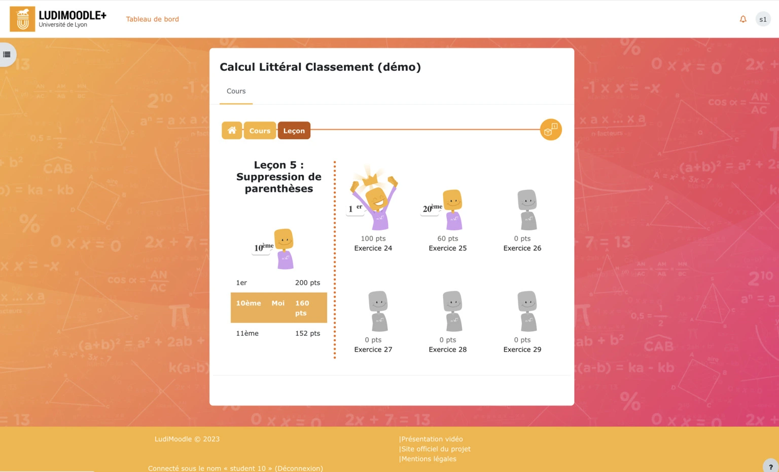 Ludimoodle : page de section de cours de l'élément de jeu 