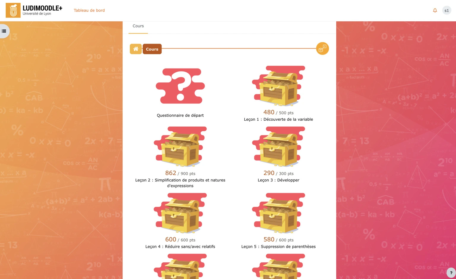 Ludimoodle : page d'accueil de l'élément de jeu 