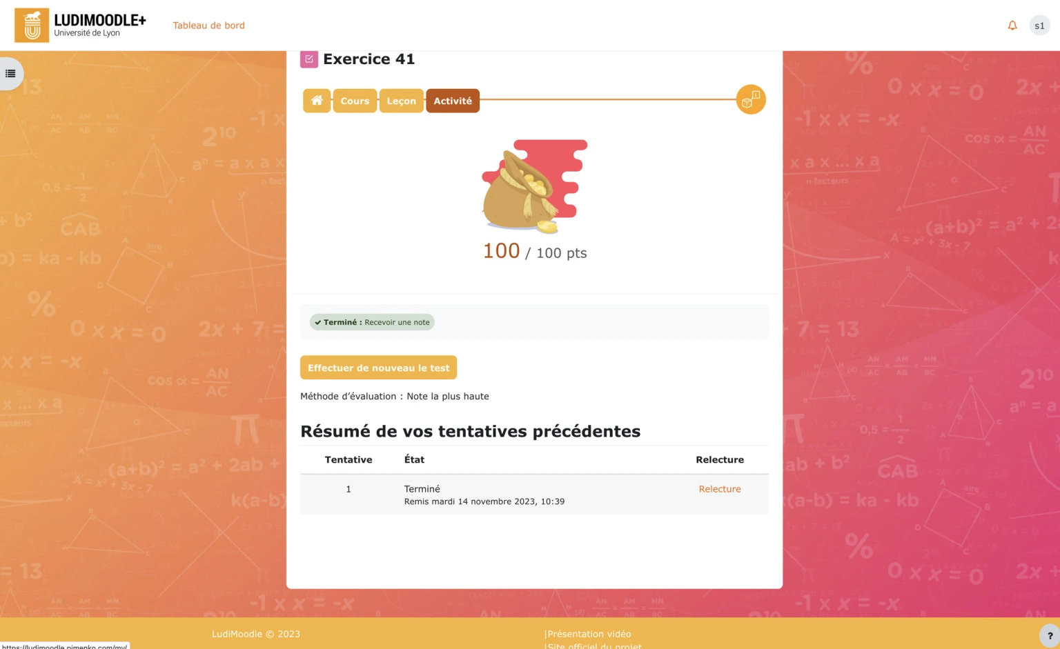 Ludimoodle : page d'activité de l'élément de jeu 