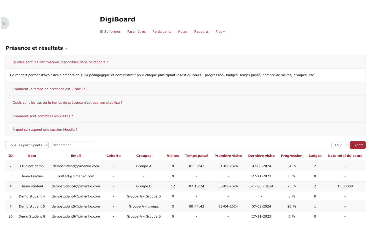 Plugin développe par Pimenko : rapport digiboard avec le suivi par apprenant