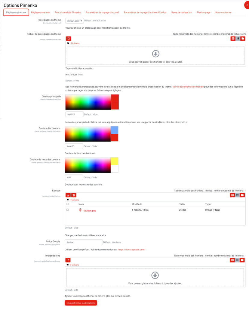 Tous les réglages généraux du thème Pimenko