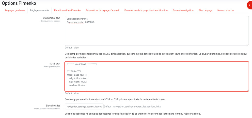 La page des réglages avancés du thème Pimenko pour Moodle